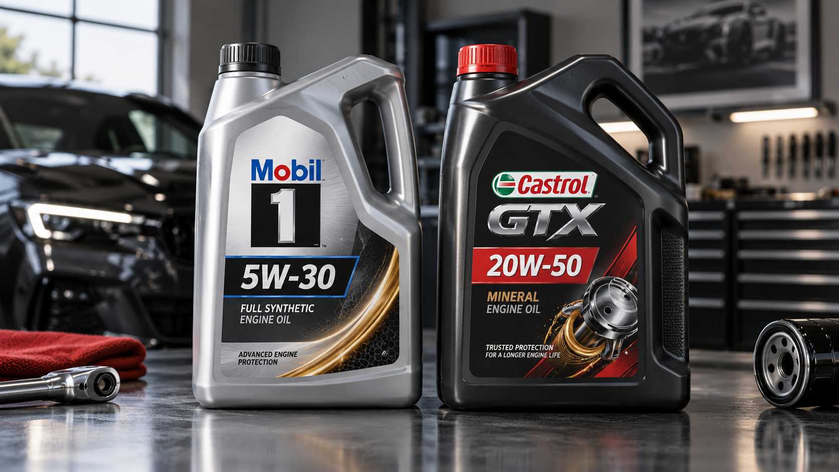 Two clean engine-oil bottles marked 5W-30 and 20W-50 on a neutral workshop surface