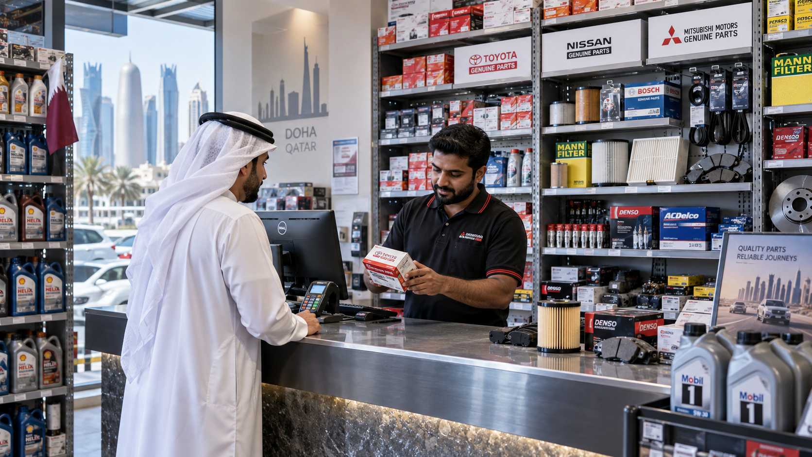 Organised automotive spare parts at a clean Doha parts counter