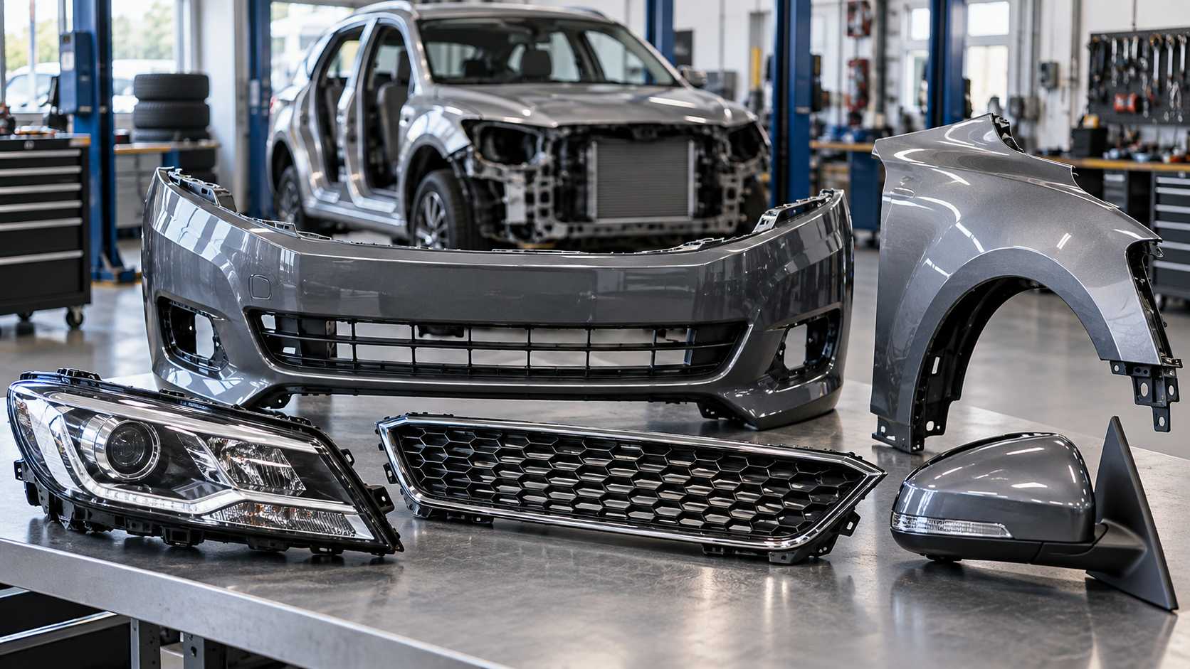 Vehicle body parts including bumper, grille, fender and side mirror arranged in a workshop