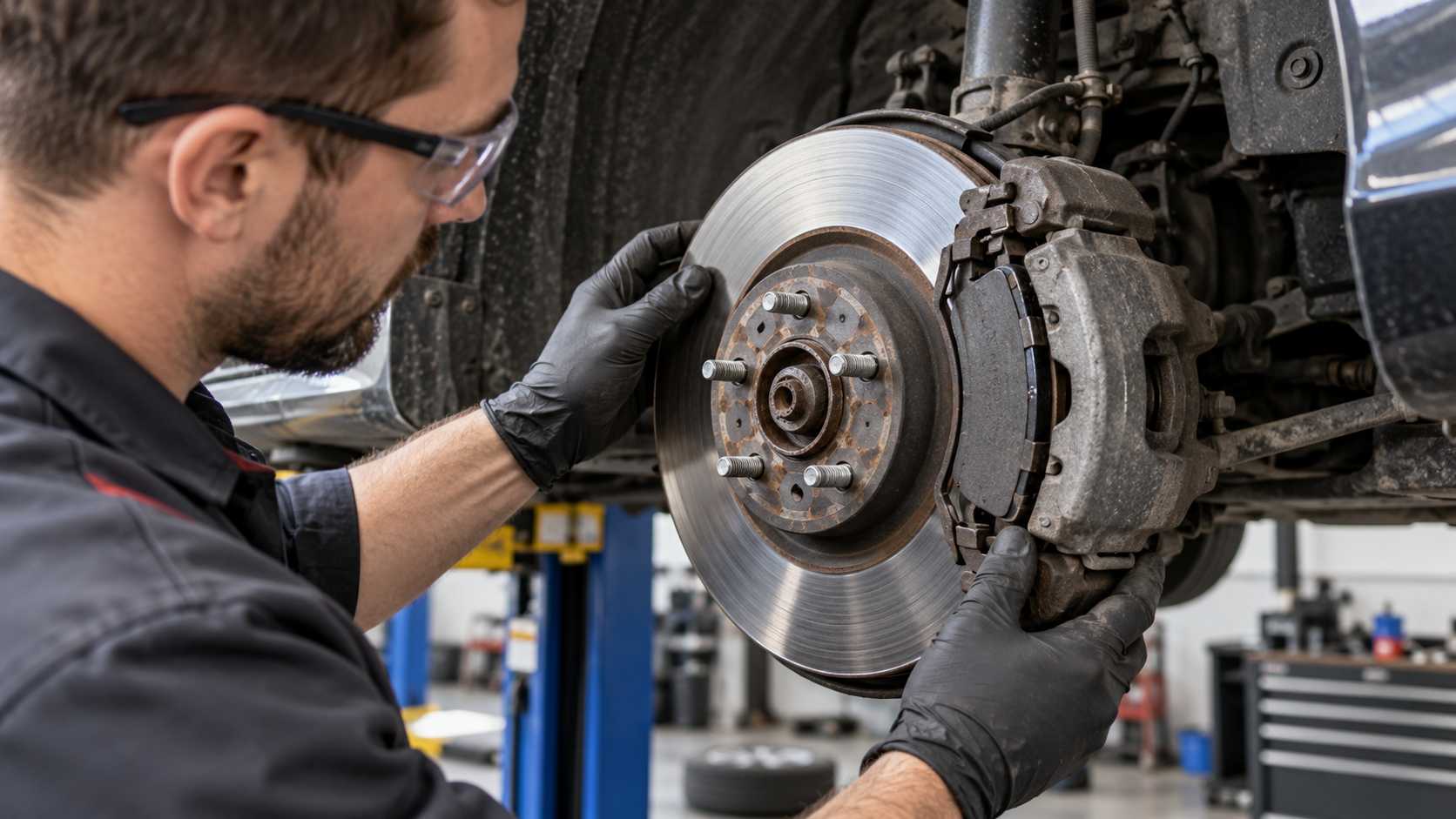 Close-up inspection of brake pads, brake disc and caliper in an automotive workshop