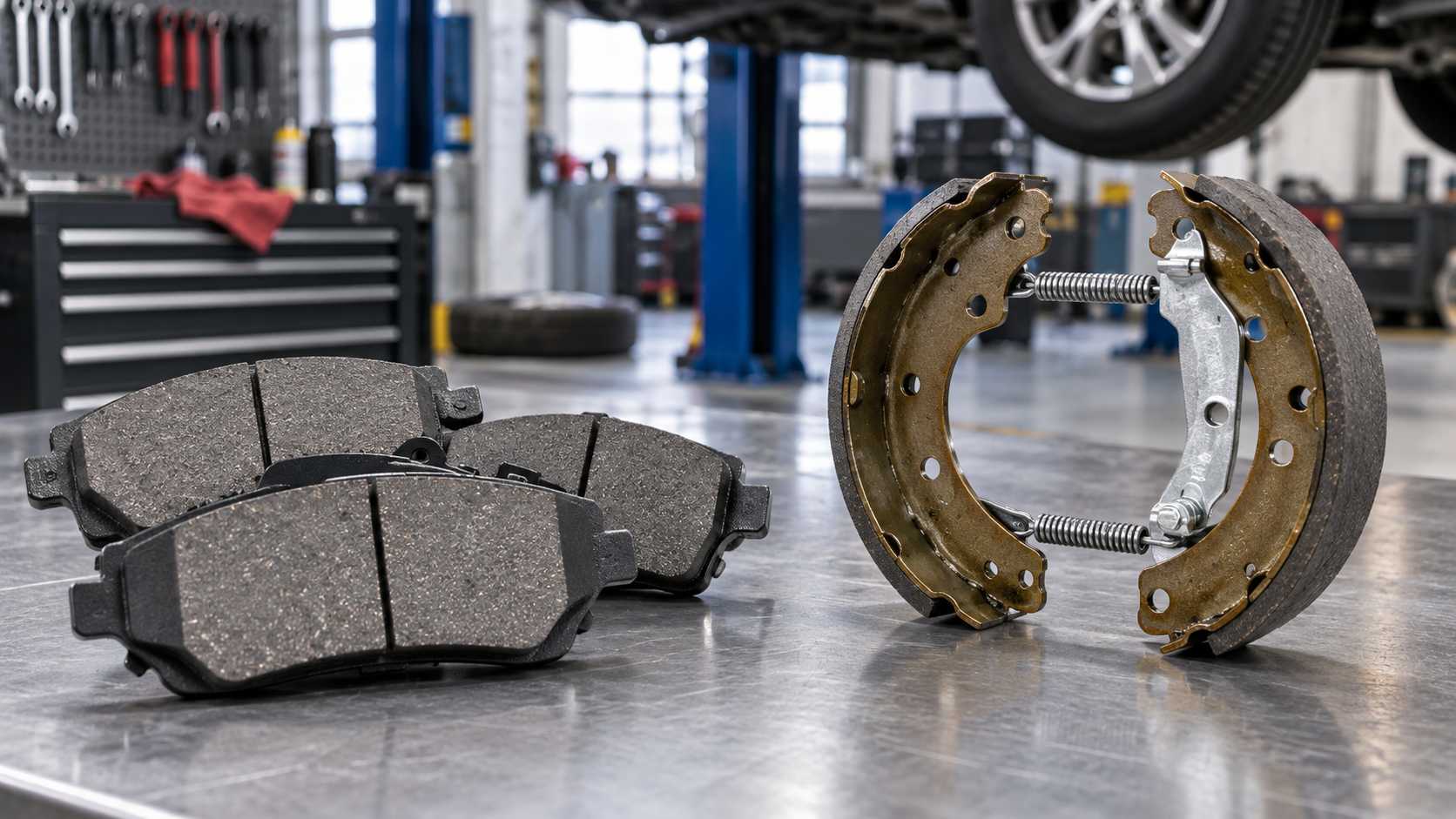 Brake pads and brake shoes displayed side by side on a neutral surface