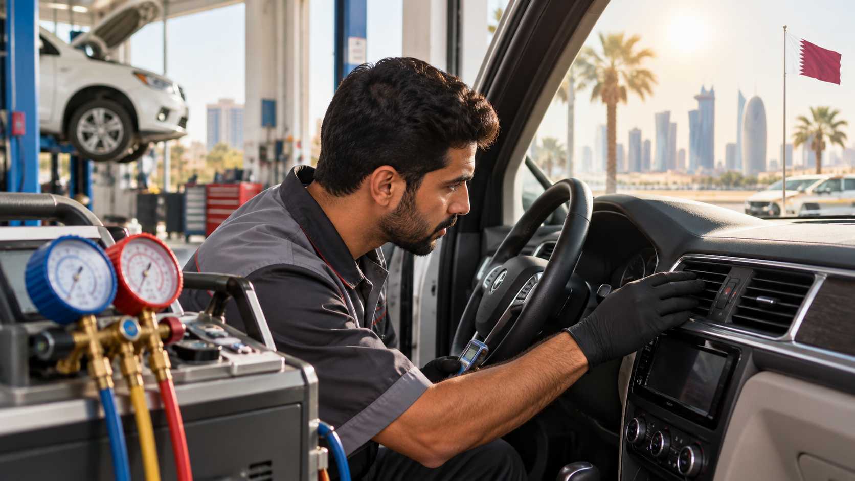 Car air-conditioning system being inspected in an automotive workshop in Qatar