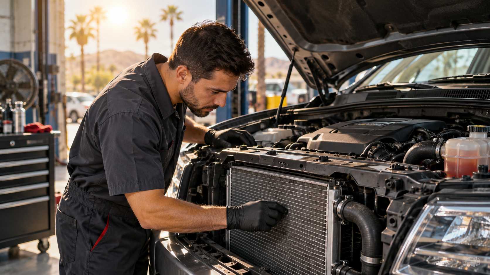 Vehicle cooling system and radiator being inspected in a Qatar workshop after an overheating problem
