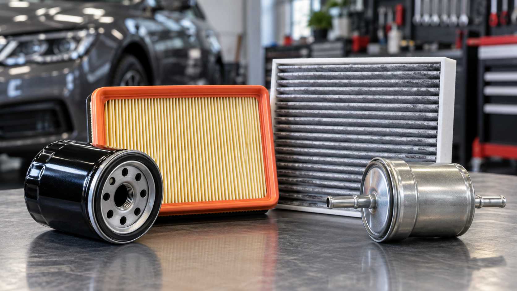 Oil, air, cabin and fuel filters arranged clearly on a clean automotive work surface