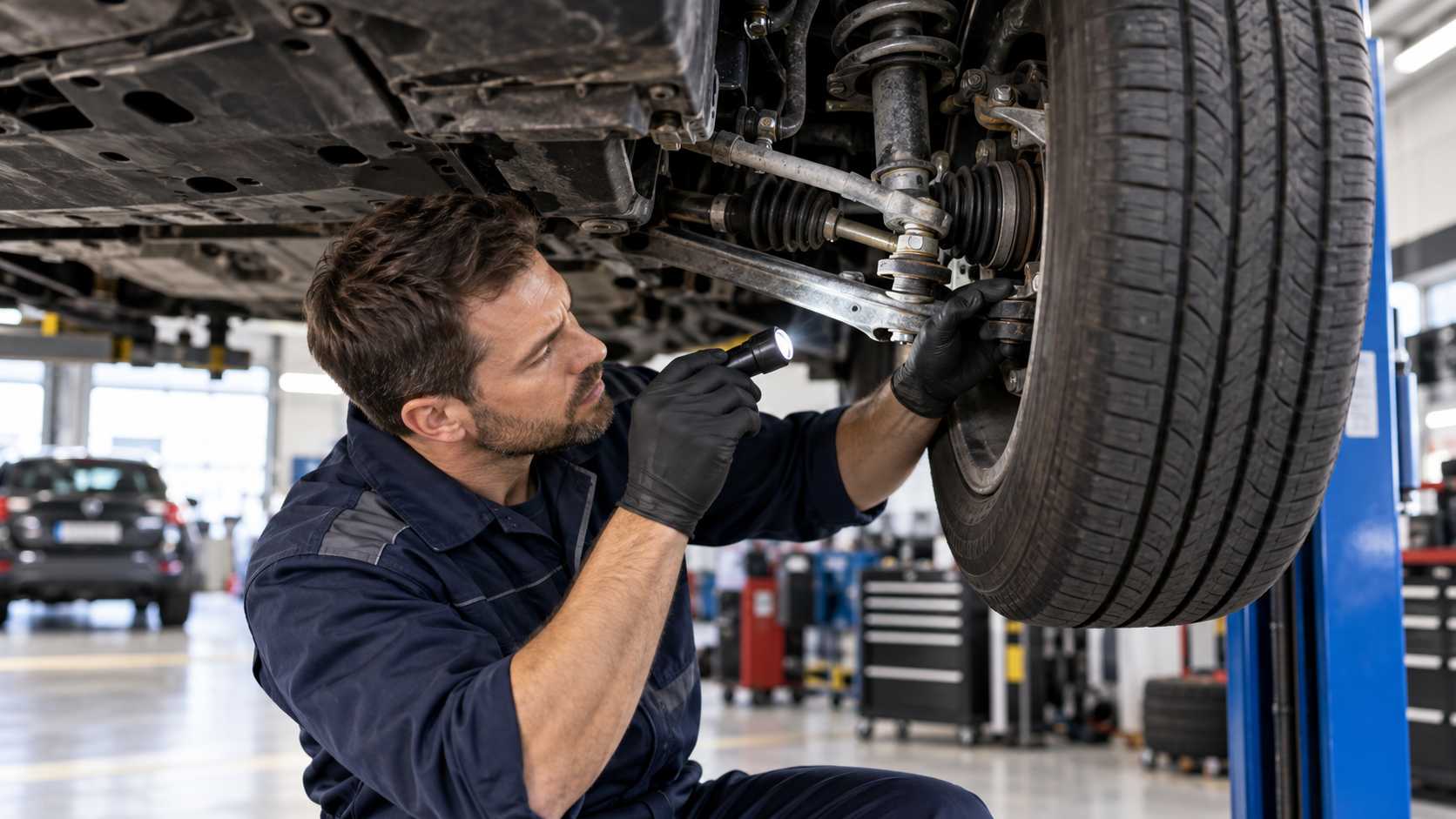 Technician inspecting suspension and steering components underneath a vehicle