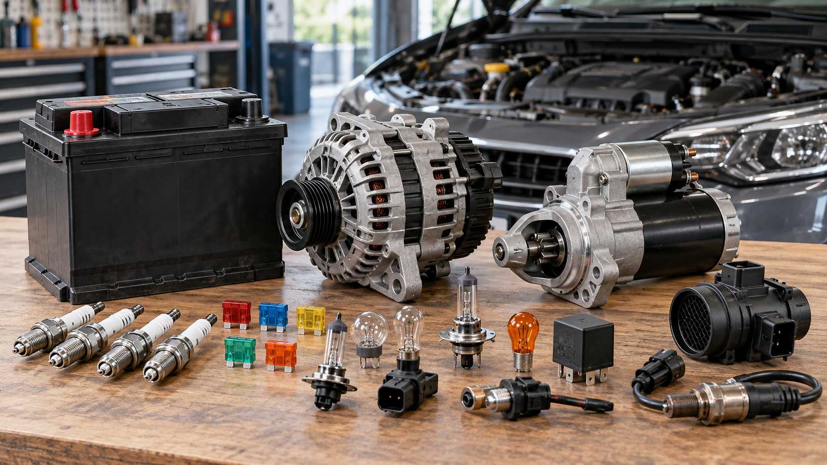 Automotive electrical components arranged in a clean workshop setting