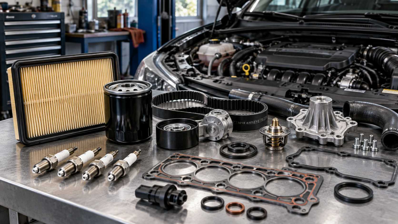 Engine components and maintenance parts displayed in an automotive workshop