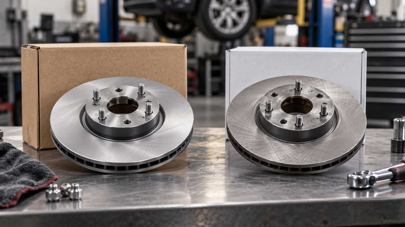Two unbranded automotive component boxes beside a clean replacement part