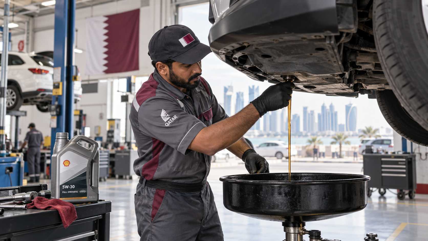 Vehicle engine bay during a professional oil service in a bright Doha workshop