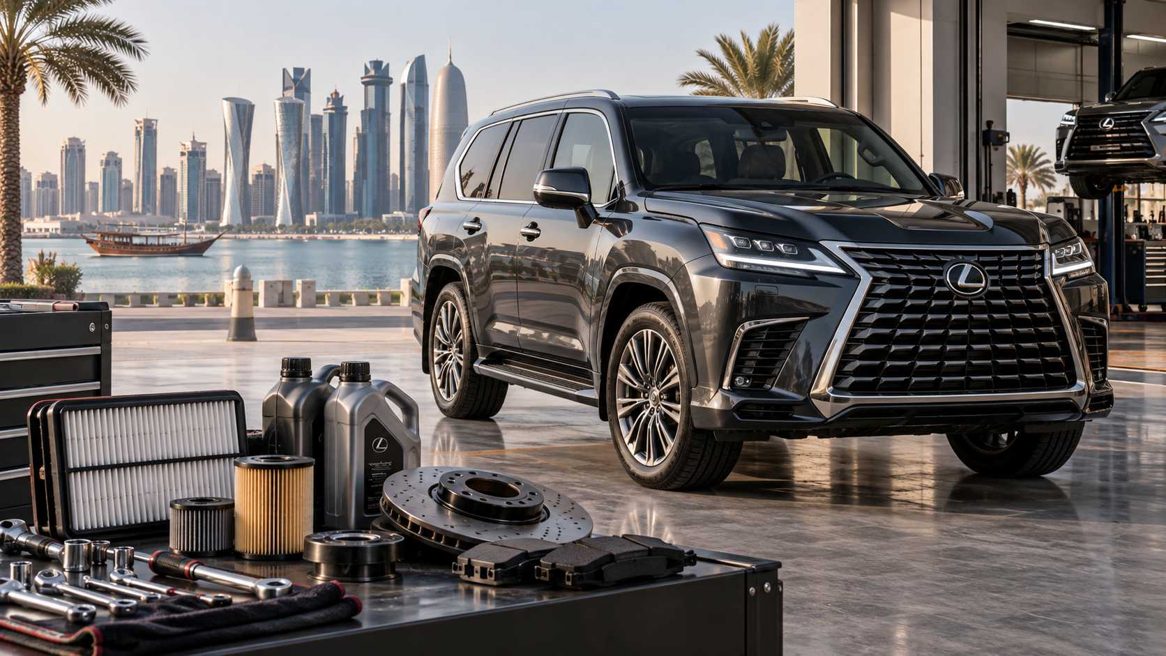Lexus LX in a Qatar workshop with premium maintenance parts including filters, brakes, suspension components and engine oil