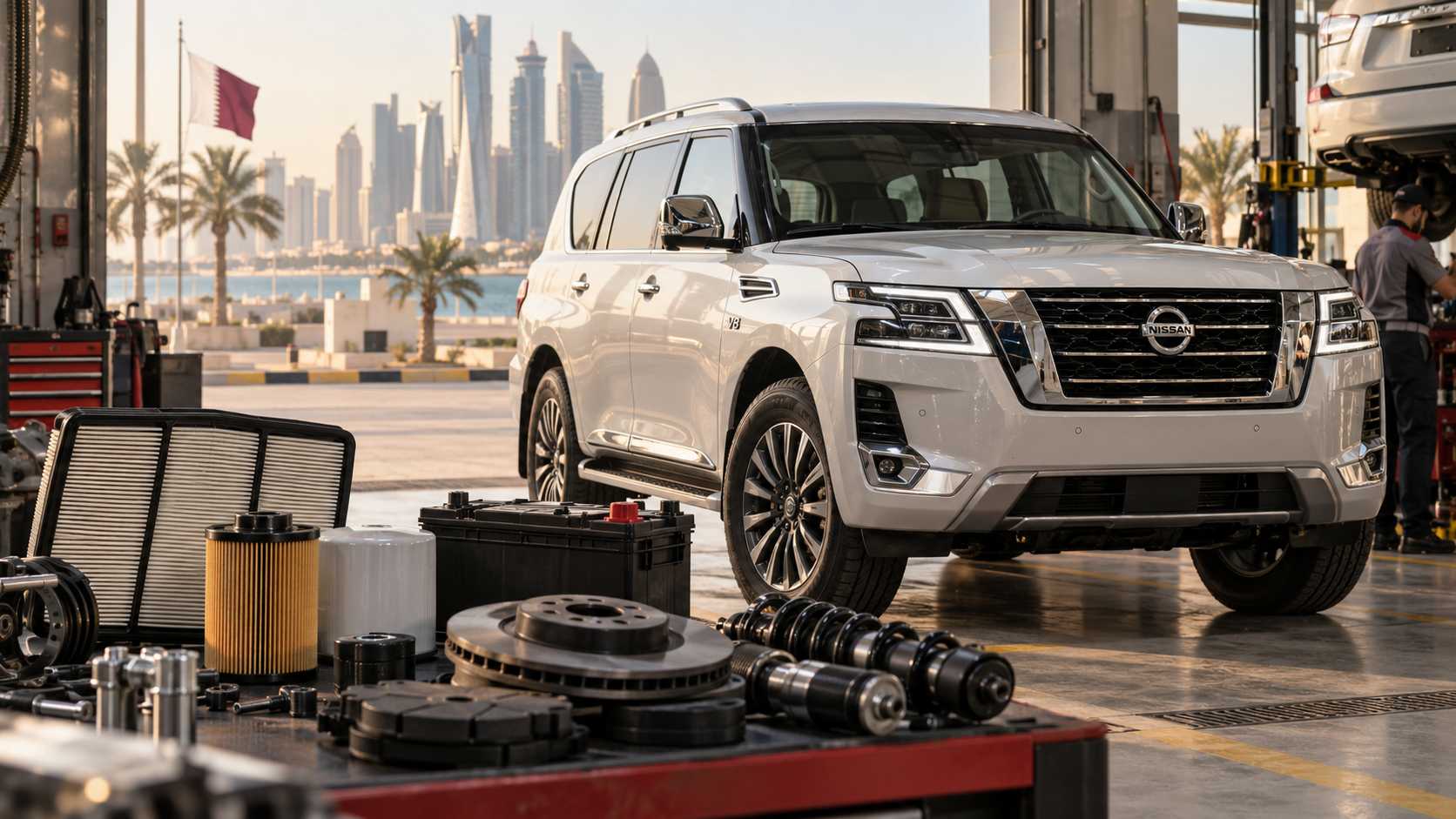 Nissan Patrol undergoing maintenance in a Qatar automotive workshop with filters, brakes and suspension parts