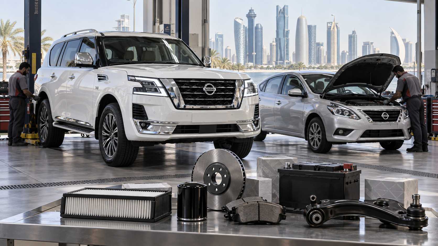 Nissan Patrol and Nissan Sunny in a bright automotive service environment