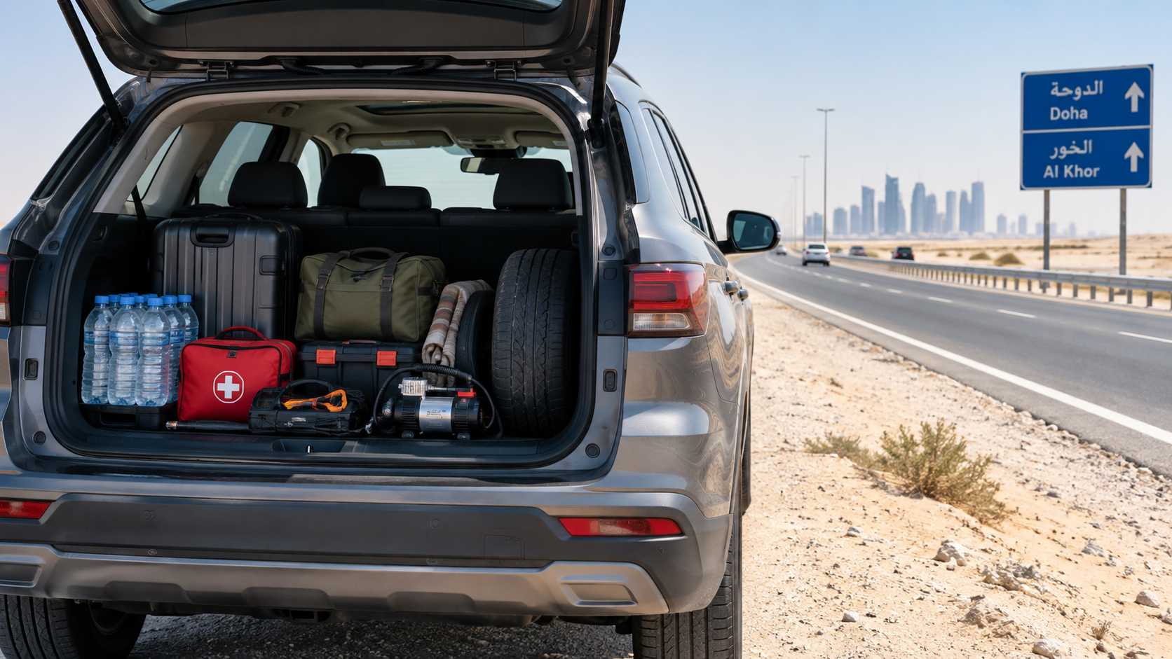 Vehicle prepared for a long road trip in Qatar with tyres, oil, filters and maintenance items being checked