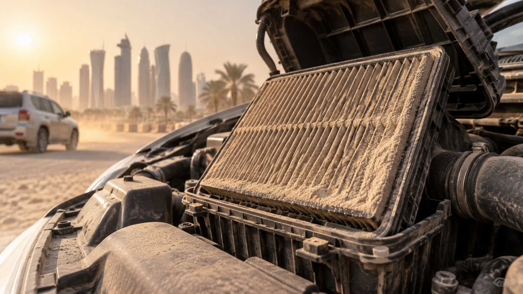 Vehicle driving on a dry Qatar road with a clean air filter in the foreground