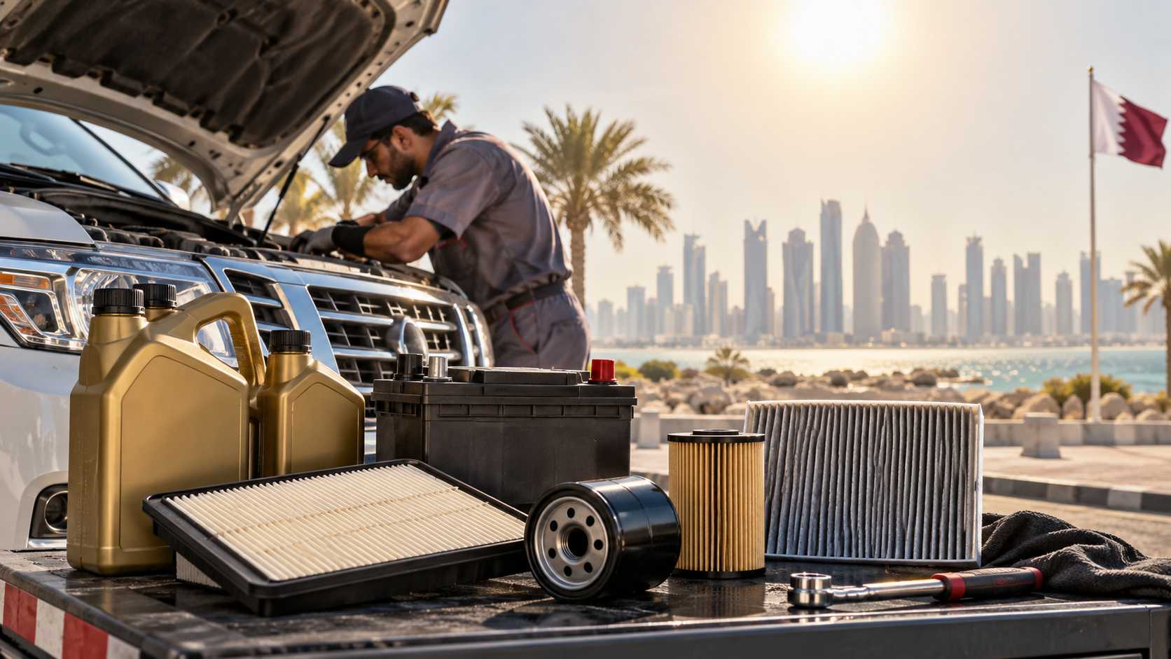 Car maintenance inspection in Qatar showing engine oil, battery and filters in hot-weather conditions