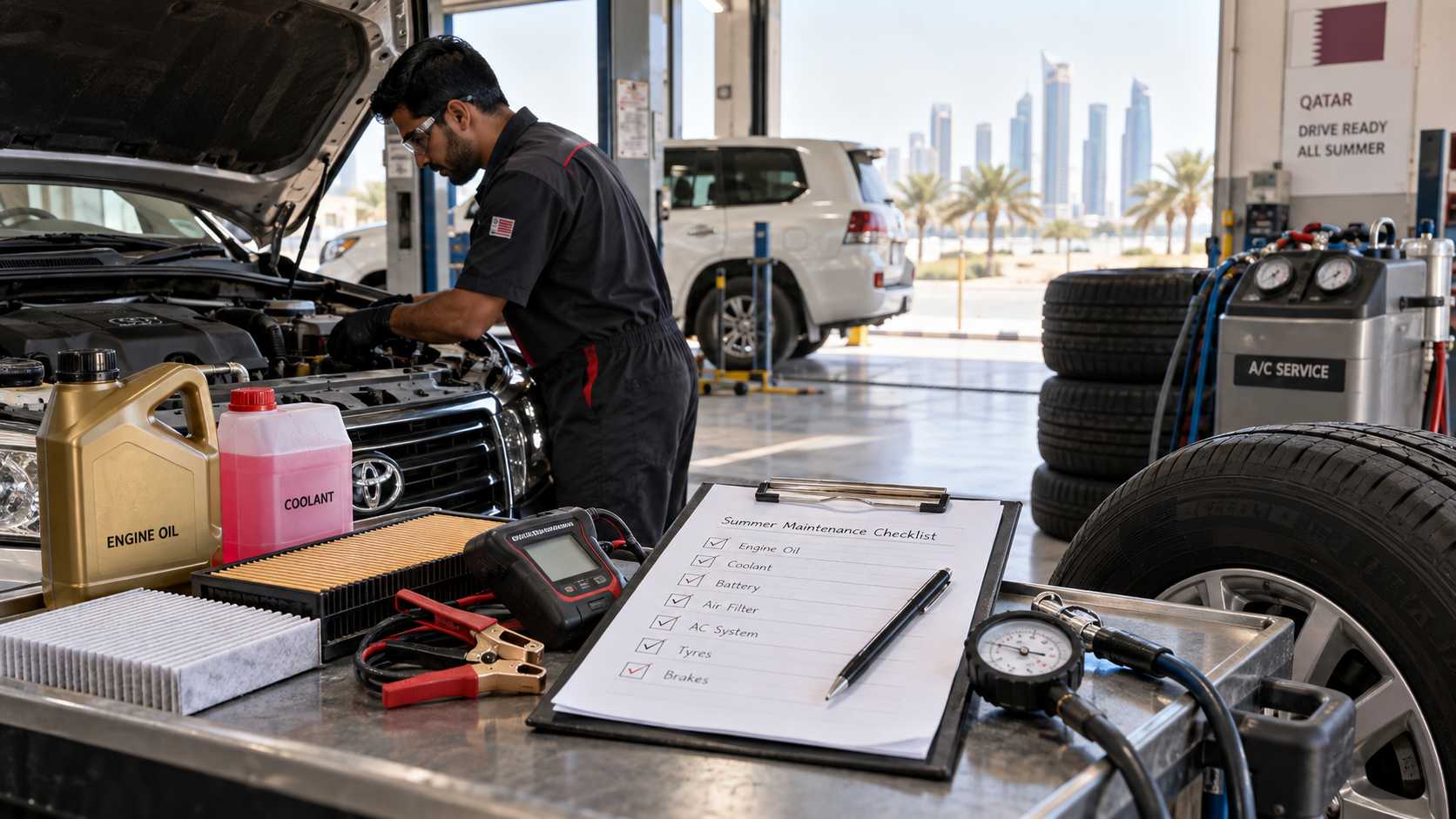 Summer vehicle maintenance inspection in Qatar with engine oil, filters, battery and cooling components
