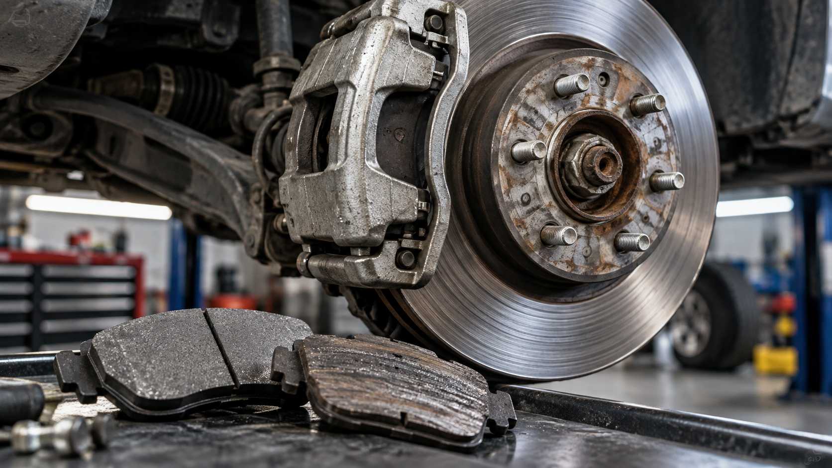 Close-up of new brake pads and a brake disc on a clean workshop bench