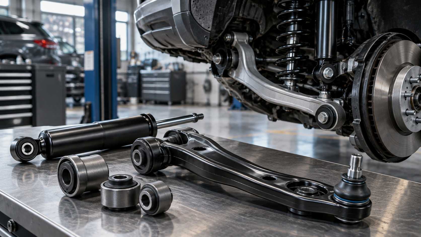 Clean suspension components including a shock absorber, control arm and rubber bush