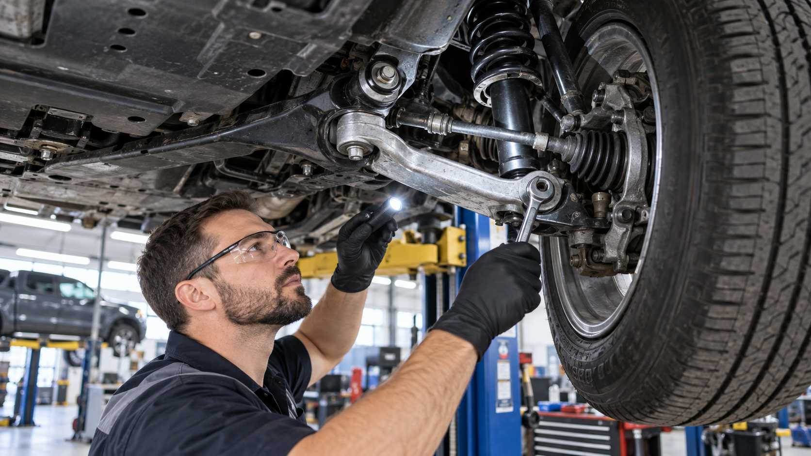 Shock absorber, control arm, bushes and suspension components being inspected in an automotive workshop