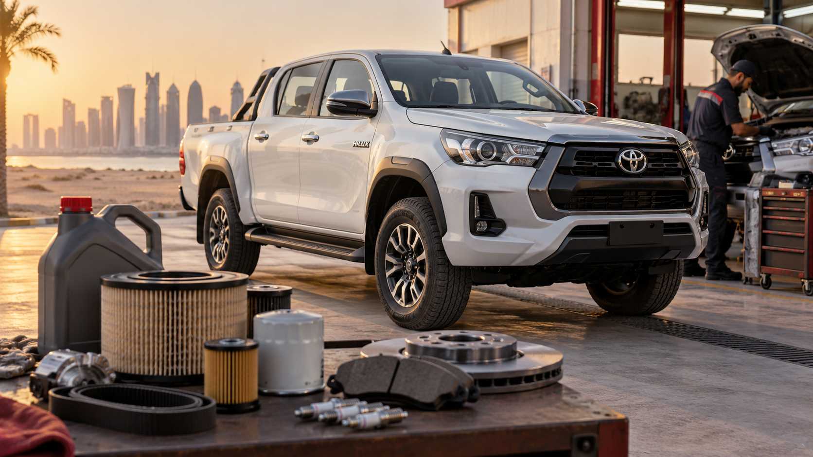 Toyota Hilux in a Qatar workshop with filters, brake parts, suspension components and engine oil prepared for maintenance