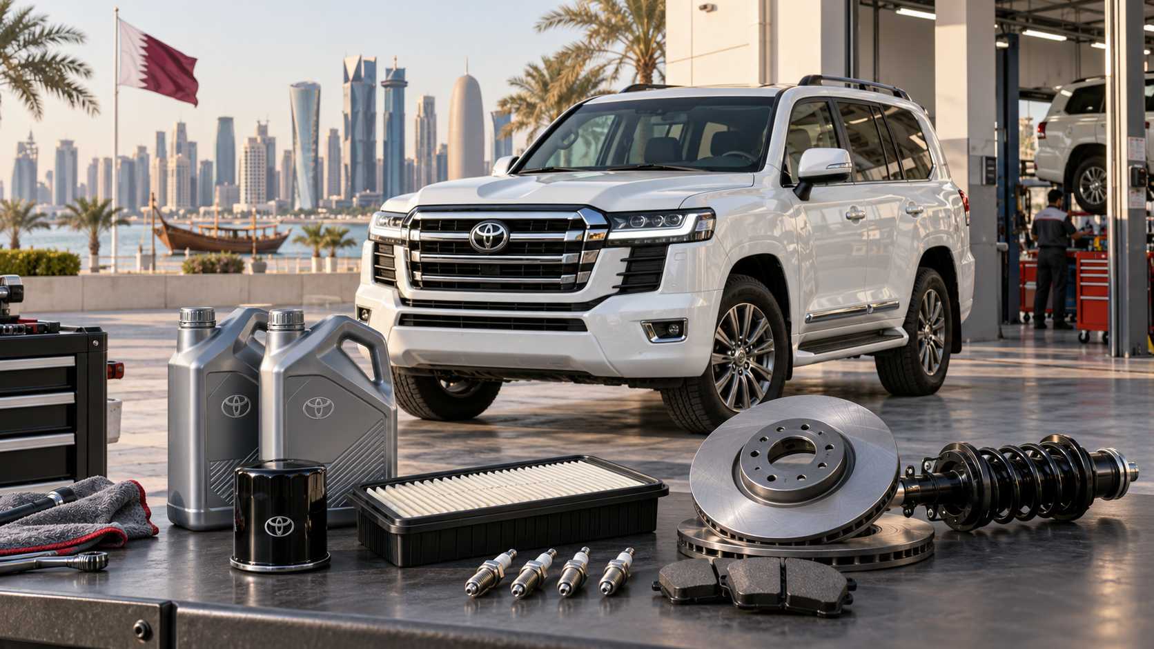 Toyota Land Cruiser on a Qatar road with service items arranged nearby