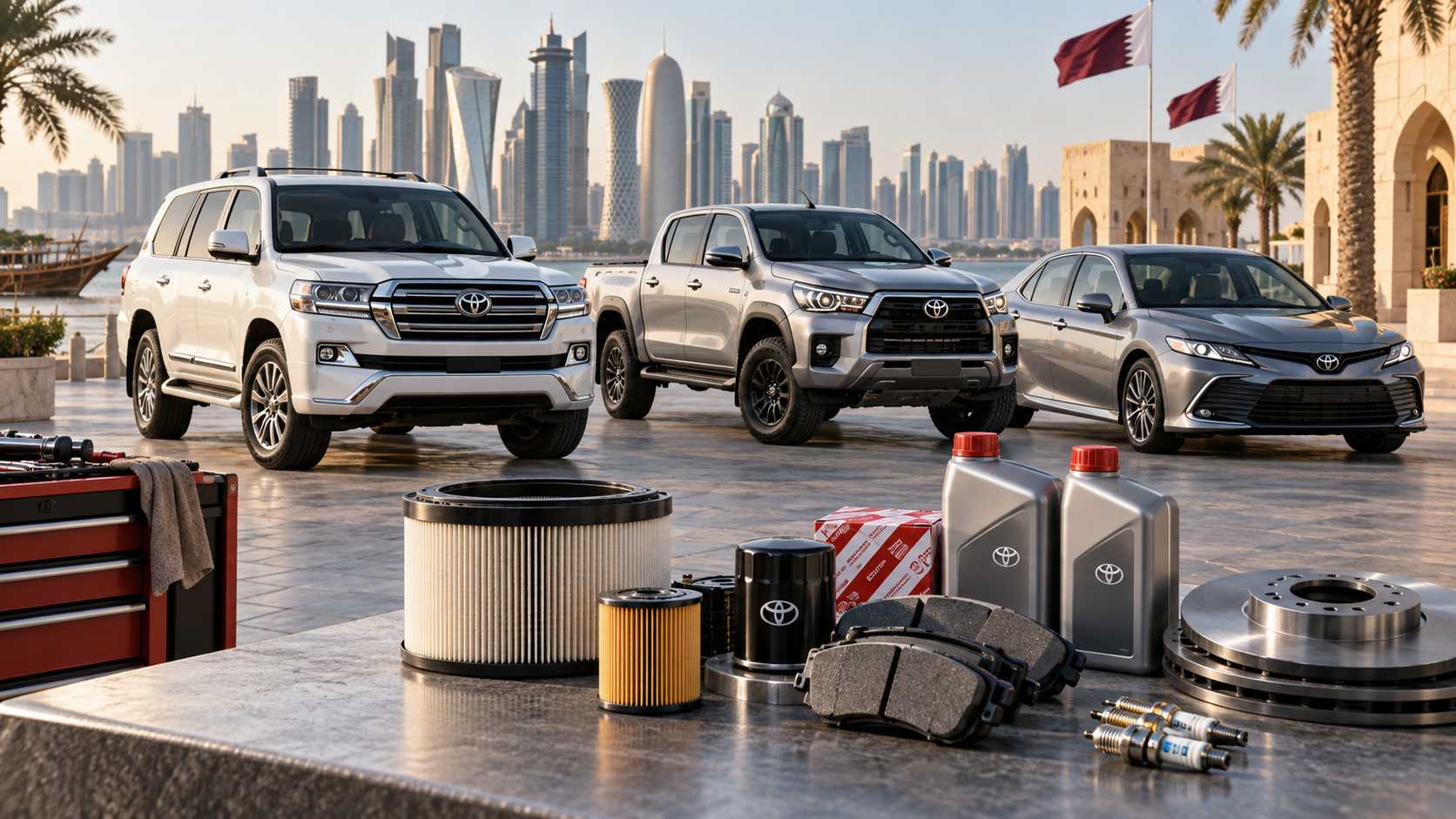 Toyota SUV and sedan in a clean Doha service setting with maintenance parts nearby
