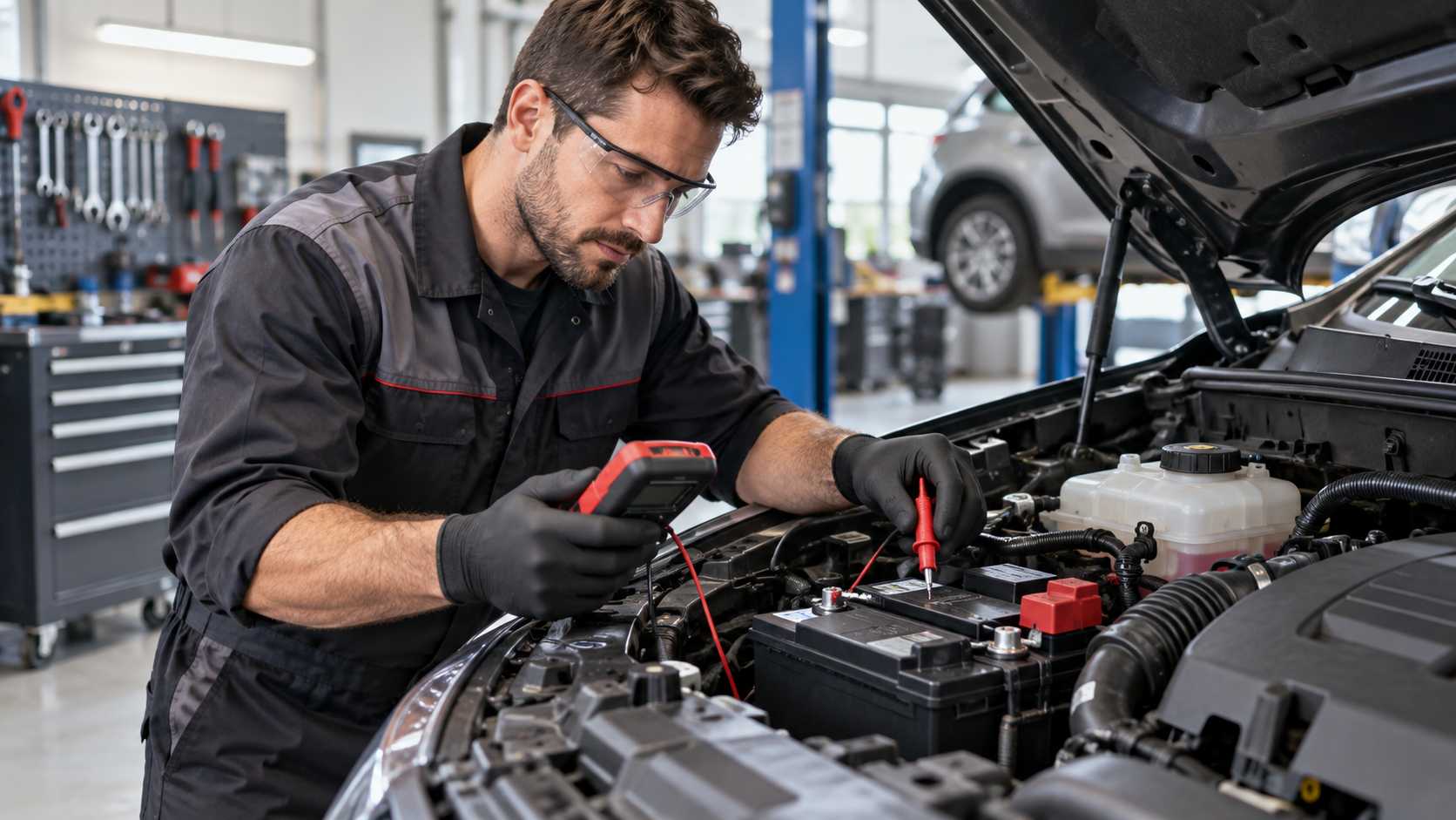 Technician checking a car battery and electrical system in a Qatar automotive workshop