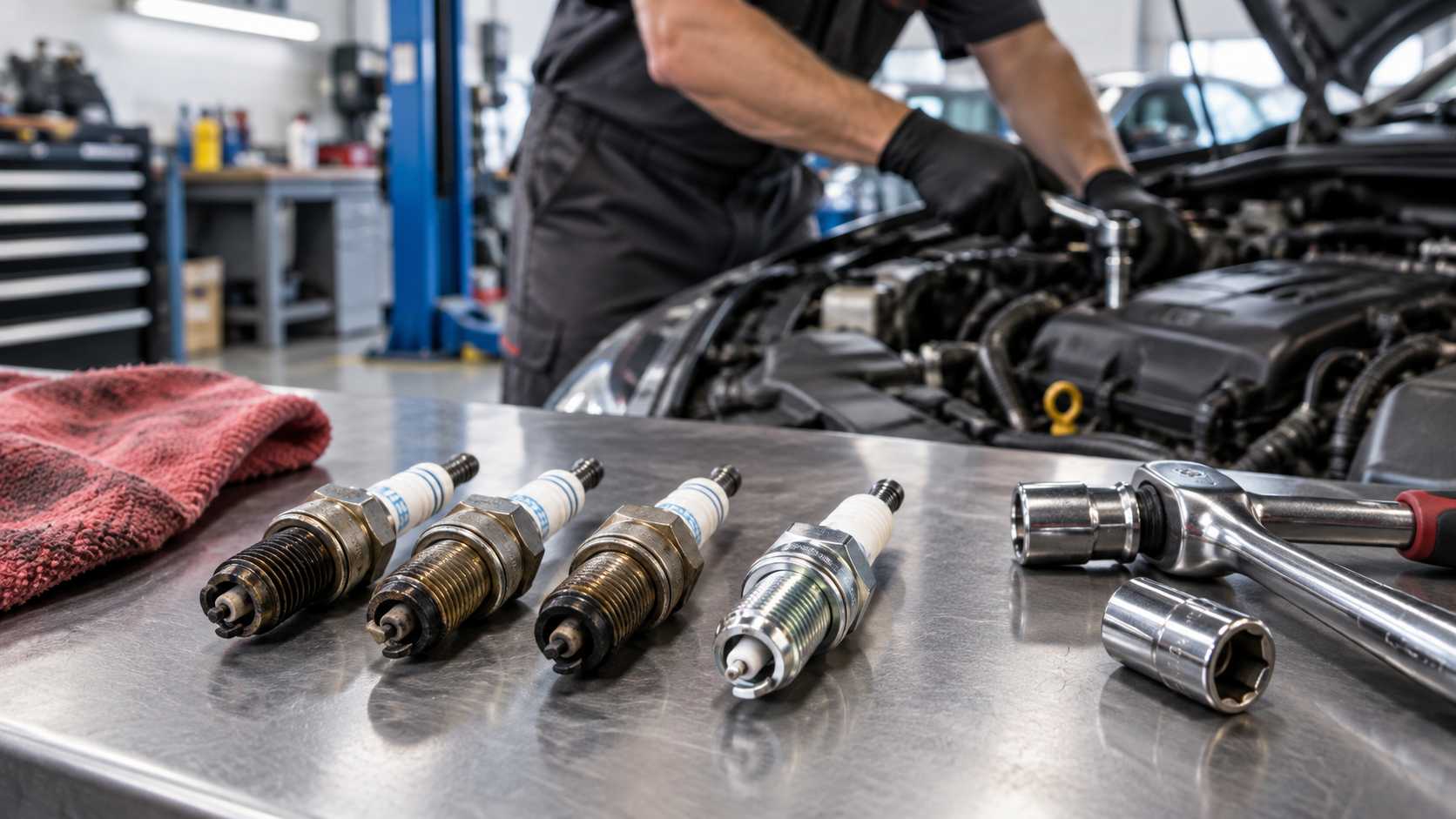 Spark plugs and engine maintenance components prepared for vehicle service