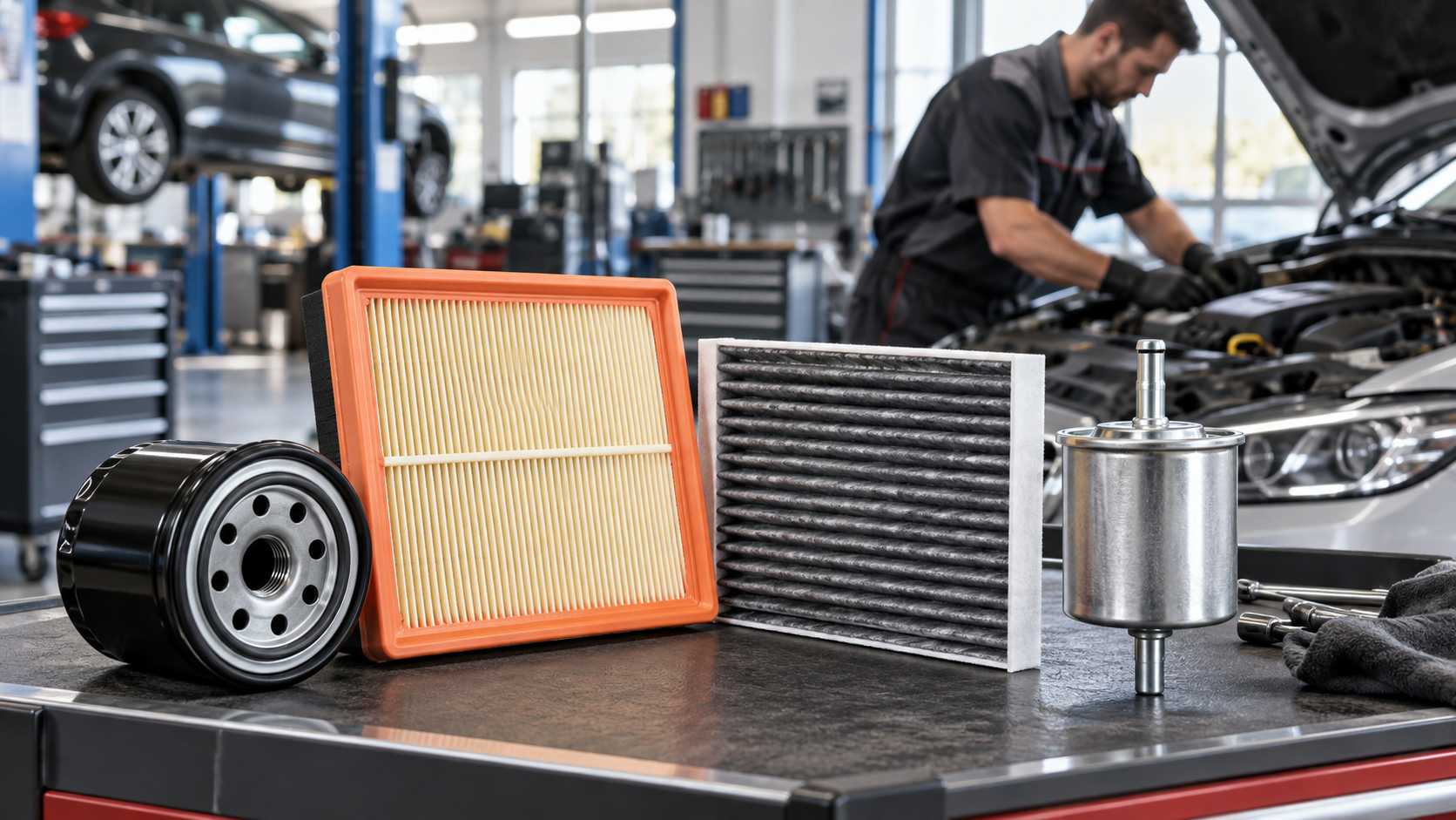 Oil, air, cabin and fuel filters displayed in a clean automotive workshop