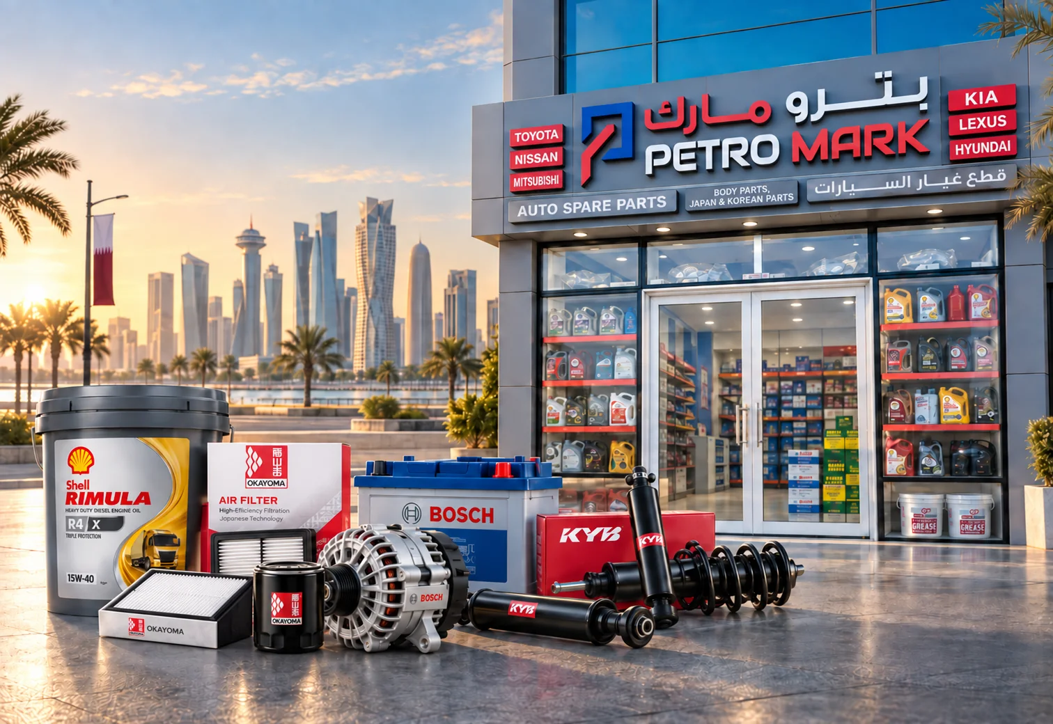 Automotive spare parts and lubricants displayed outside a Doha storefront