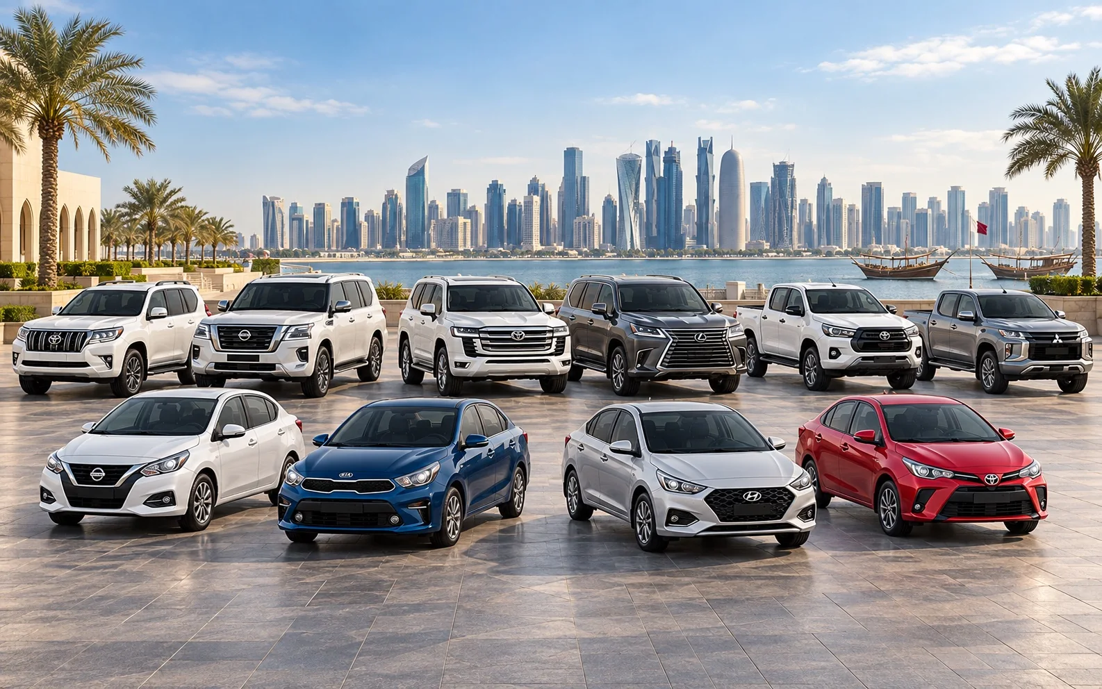 Selection of SUVs, pickups and sedans displayed against the Doha skyline