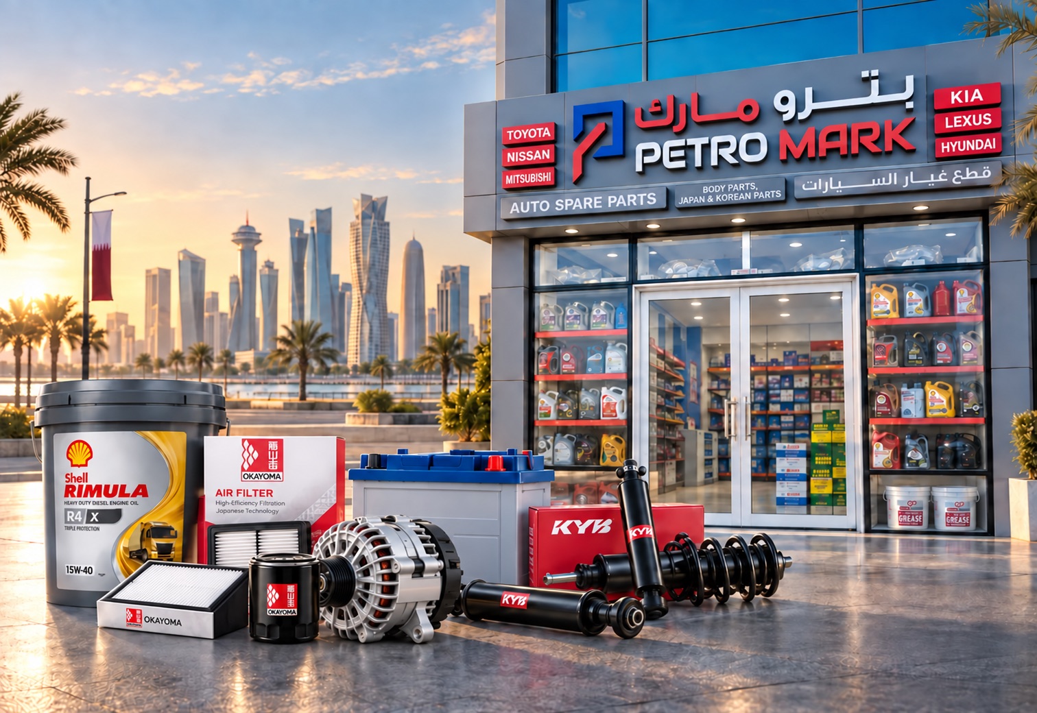Automotive spare parts and lubricants displayed outside a Doha storefront